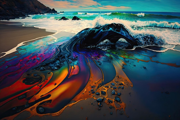 Duży i tętniący życiem wyciek ropy na plaży z falami