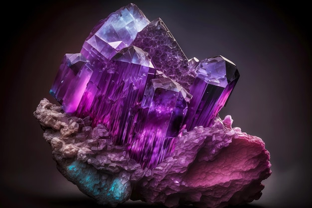 Duży jasny fioletowy kryształ mineralny na ciemnym tle