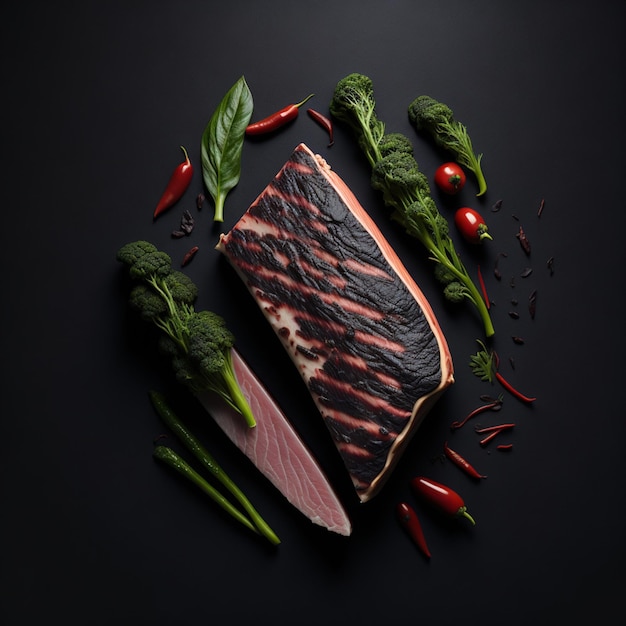 duży kawałek mięsa surowe mięso z pieprzem i zieleniną na ciemnym zdjęciu mączka z kurczaka jedzenie dla zwierząt z grilla