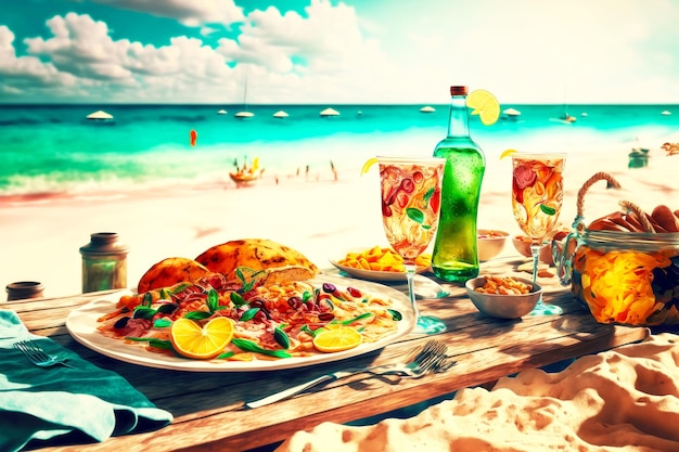 Duży lunch na świeżym powietrzu z napojami na plaży serwowany na stole na plaży