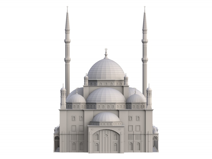 Zdjęcie duży meczet muzułmański, trójwymiarowa ilustracja rastrowa z konturami podkreślającymi szczegóły konstrukcji. renderowania 3d.