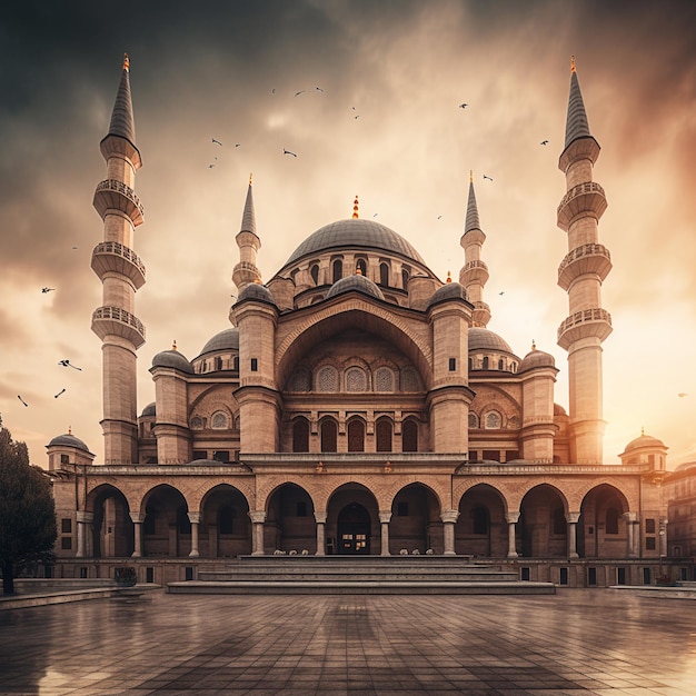Duży meczet z pochmurnym niebem w tle