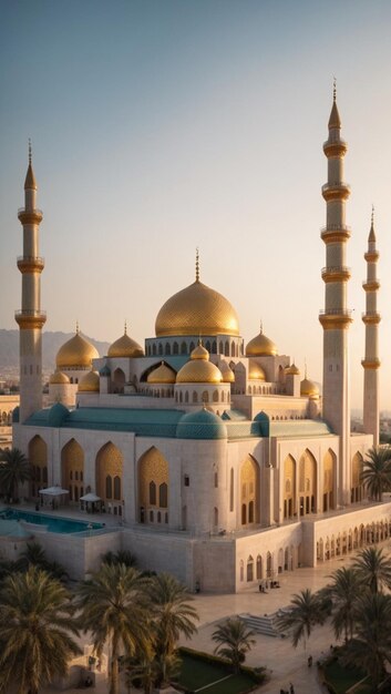 Duży meczet z złotą kopułą z góry zdjęcia za pomocą drona nowoczesny islamski meczet dekoracyjny