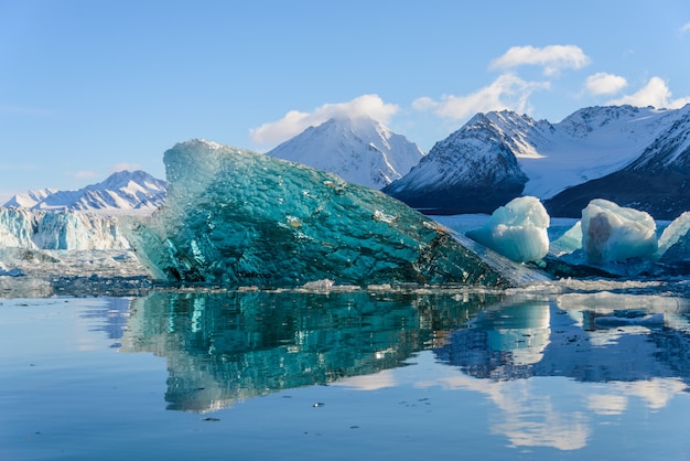 Duży niebieski kawałek lodu na morzu arktycznym