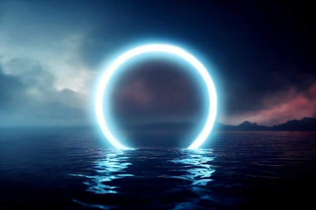 Duży niebieski neonowy okrąg nad oceanem abstrakcyjna scena sztuki nocny krajobraz z odbiciem światła w wodzie