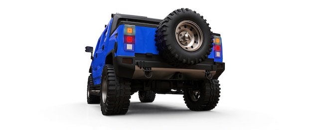 Duży niebieski pickup terenowy na wieś lub wyprawy na na białym tle. ilustracja 3D.