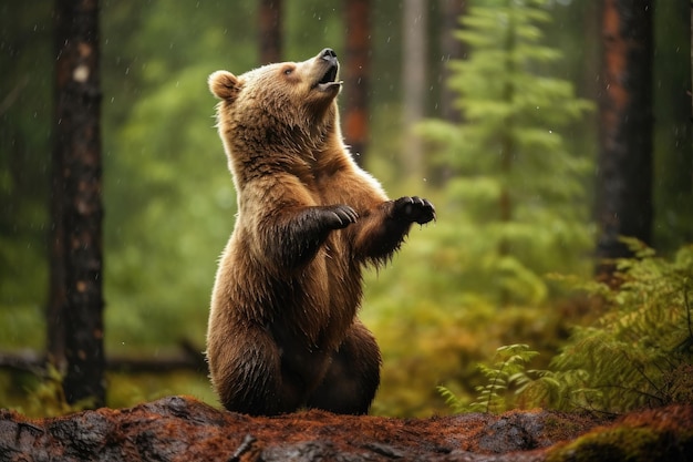 Duży niedźwiedź brunatny w lesie Generatywna sztuczna inteligencja