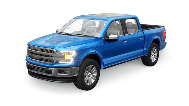 Duży, nowoczesny pickup w kolorze niebieskim z podwójną kabiną, świecące reflektory na białym jednolitym tle. renderowania 3D.