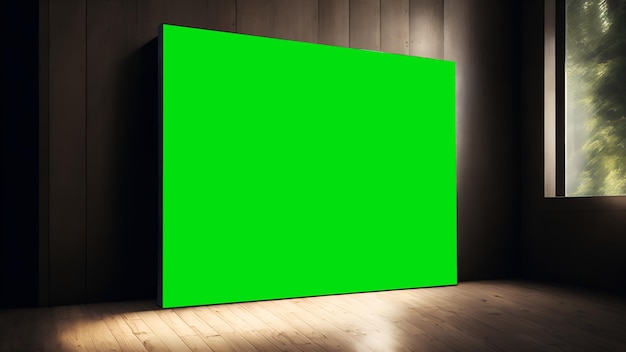 Duży obraz stoi na podłodze w muzeum obraz na nim jest zastąpiony zielonym tłem makieta z pustym tłem Generowanie AI