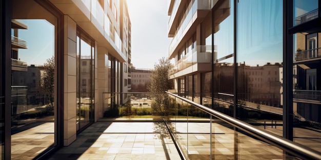 Duży otwarty balkon w budynku z biurami Słoneczna przestrzeń między budynkami ze szklanymi ścianami Generative AI
