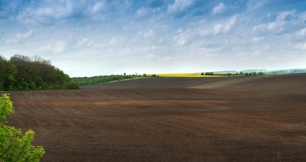 Duży panoramiczny widok kolorowych wzgórz zaoranej ciemnej ziemi oraz zielonych i żółtych pól