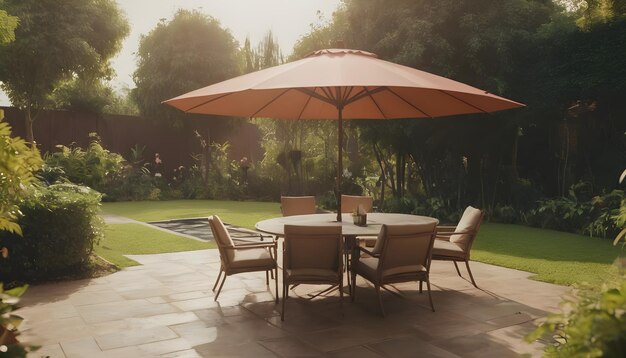 Zdjęcie duży parasol w nowoczesnym ogrodzie