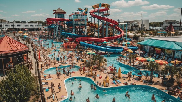 Duży park wodny z dużym parkiem wodnym i ludźmi siedzącymi na ziemi oraz tabliczką z napisem park wodny.