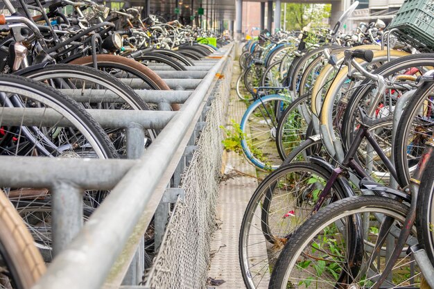 Duży parking rowerowy przy dworcu głównym w Amsterdamie