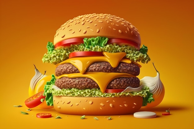 Duży piękny soczysty burger z mięsem i warzywami. Duży hamburger na żółtym tle