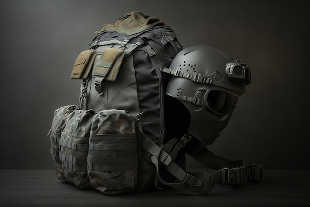 Duży plecak wojskowy z hełmem i mundurem żołnierza na szarym tle stworzony za pomocą generative