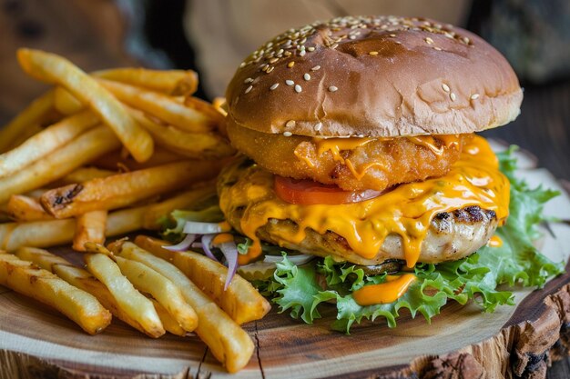 Zdjęcie duży podwójny cheeseburger z kurczakiem.