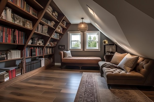 Duży pokój na poddaszu z częścią wypoczynkową, kącikiem do czytania i wbudowanymi półkami na książki