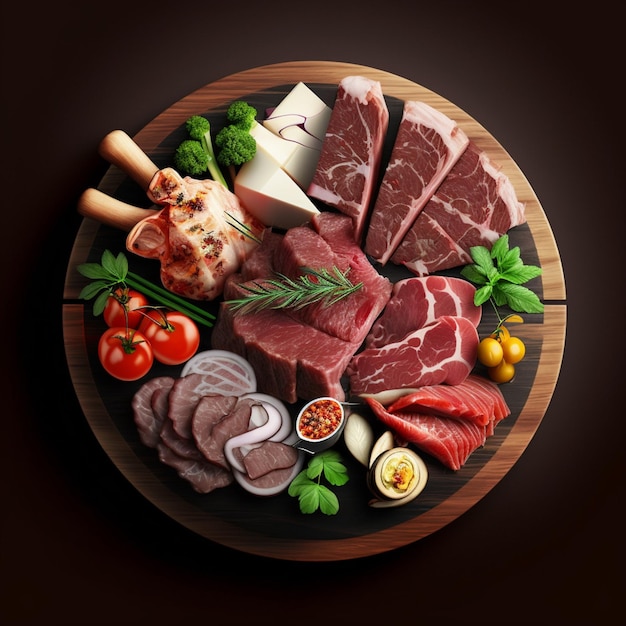 Duży półmisek mięsa i warzyw, w tym mięsa, sera i warzyw.