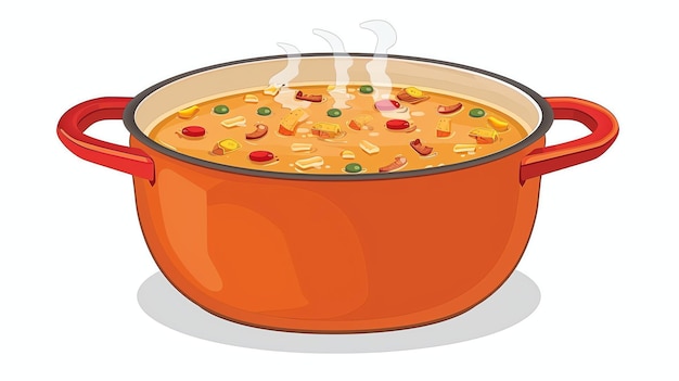 Zdjęcie duży pomarańczowy garnek zupy siedzi na białej powierzchni, zupa parzy i w niej są kawałki warzyw i mięsa.