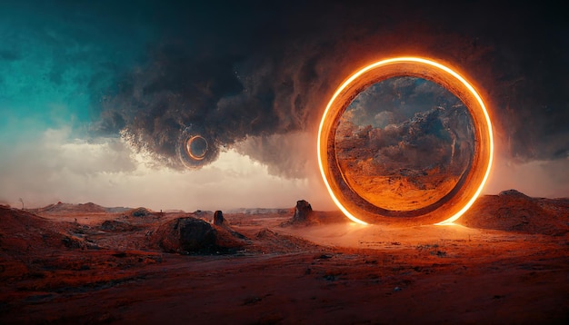 Duży pomarańczowy portal neonowy koło nad planetą abstrakcyjna scena artystyczna nocny krajobraz fantasy