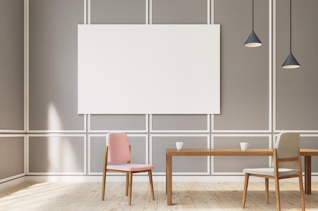 Duży poziomy plakat wisi na szarej ścianie salonu z różowymi i białymi krzesłami w pobliżu drewnianego stołu. Renderowanie 3D, makiety