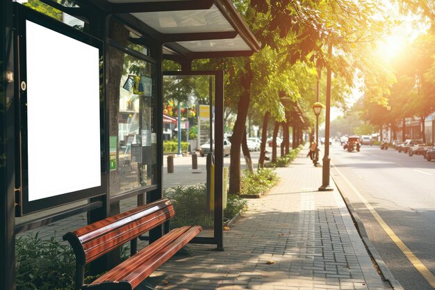 Zdjęcie duży pusty baner handlowy zamontowany na przystanku autobusowym przednim widokiem na zewnątrz
