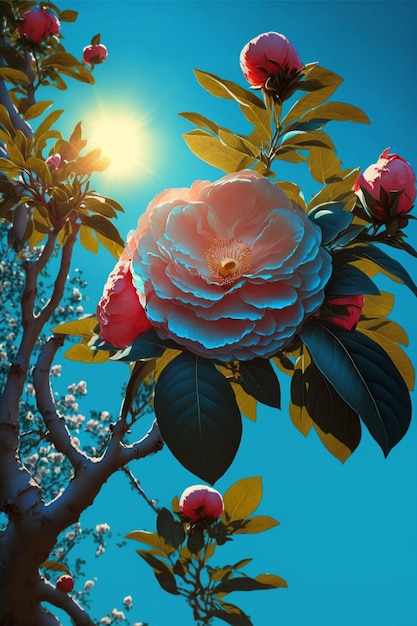 Duży różowy kwiat siedzi na szczycie drzewa generatywnego ai