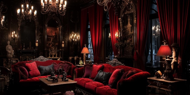 duży salon, który charakteryzuje się dramatycznym ciemnym kolorem