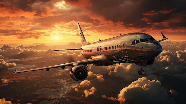 Duży samolot pasażerski lata na niebie w chmurach o zachodzie słońca