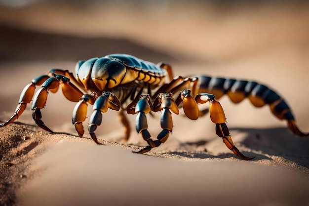Duży skorpion piaskowy chodzi po piaszczystej powierzchni.