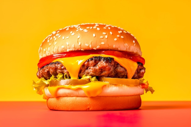Duży smaczny cheeseburger na jasnożółtym i czerwonym tle Generacyjna sztuczna inteligencja