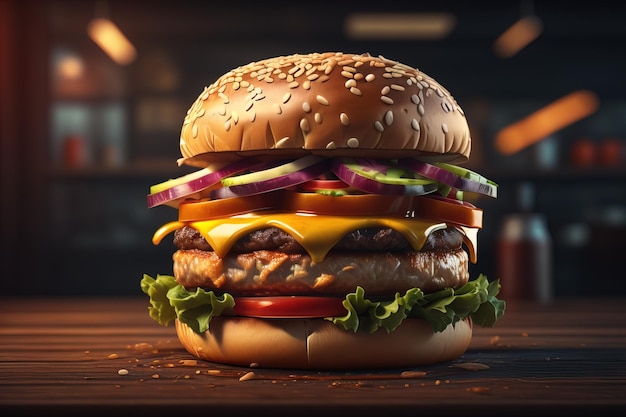 Duży smaczny hamburger na drewnianym stole.