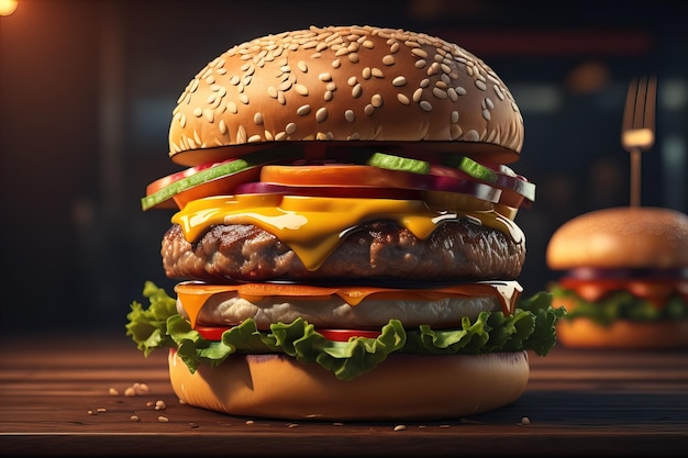 Zdjęcie duży smaczny hamburger na drewnianym stole