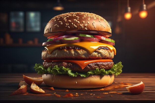 Zdjęcie duży smaczny hamburger na drewnianym stole.