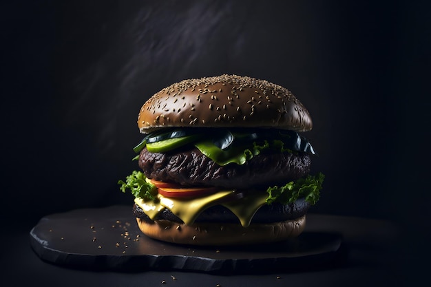 Duży smaczny hamburger z kotletem wołowinowym na czarnym kamiennym tle Generatywna sztuczna inteligencja