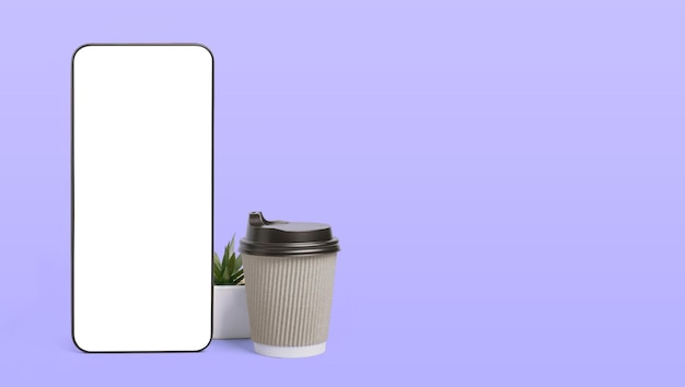 Zdjęcie duży smartfon z białym pustym ekranem i papierowym kubkiem do kawy na żółtym tle przestrzeń kopiowania mockup koncepcja zakupów i reklamy technologii online