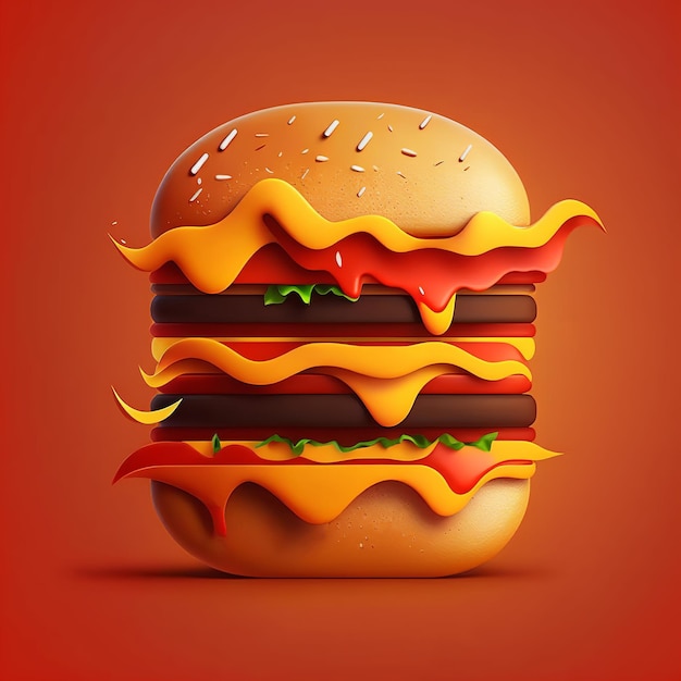 Duży soczysty burger z serową kreskówkową ilustracją 3d