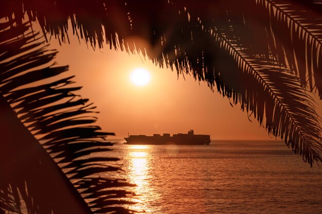Zdjęcie duży statek na horyzoncie na oceanie atlantyckim pod jasnym słońcem i czerwonym zachodem słońca. odbicie światła słonecznego od wody
