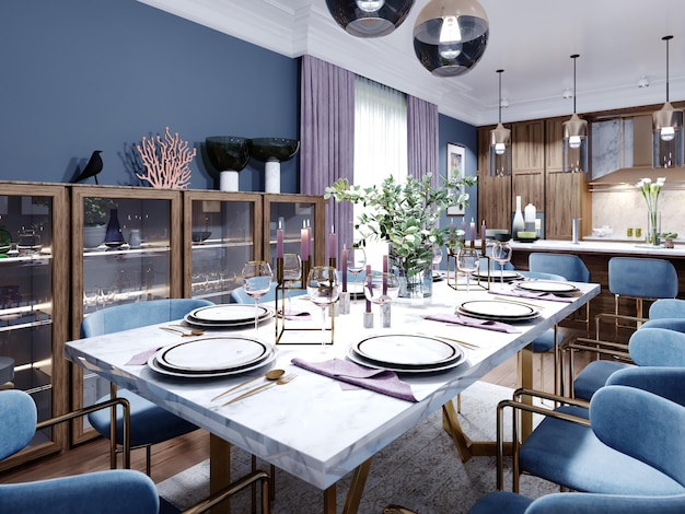 Zdjęcie duży stół do jadalni i jadalni, z kuchnią w modnym nowoczesnym designie, drewniane meble, wnętrze w kolorze brązowym i niebieskim. renderowanie 3d.