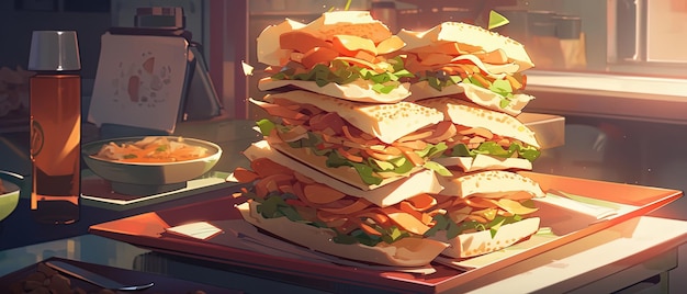 duży stos kanapek na talerzu na stole