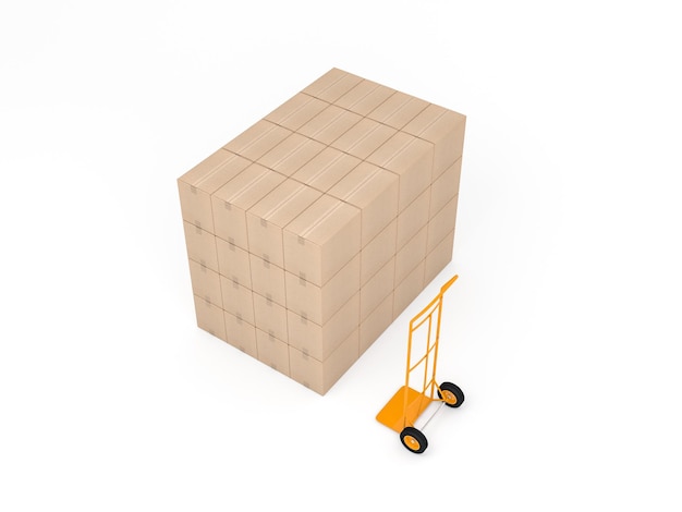 Duży stos kartonowych pudełek z żółtą ciężarówką, renderowanie 3d