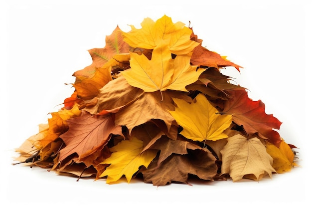 Duży stos kolorowych liści jesienią na białym tle
