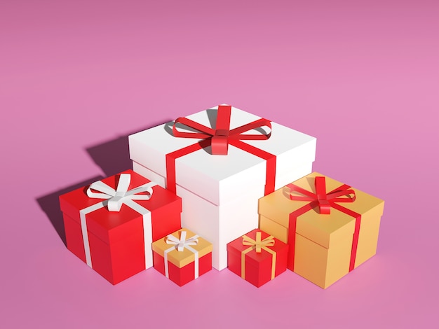 Zdjęcie duży stos kolorowych owiniętych pudełek prezentowych. dużo prezentów, renderowanie 3d.
