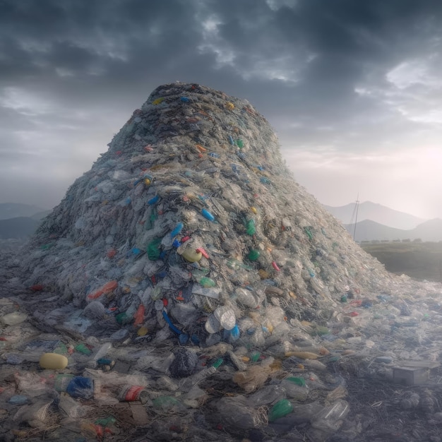 Duży stos plastikowych butelek jest ułożony wysoko na górze.