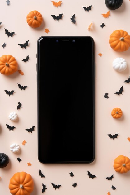 Zdjęcie duży telefon makiety pustego ekranu na tle dyni happy halloween