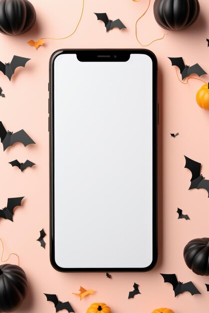 Zdjęcie duży telefon makiety pustego ekranu na tle dyni happy halloween