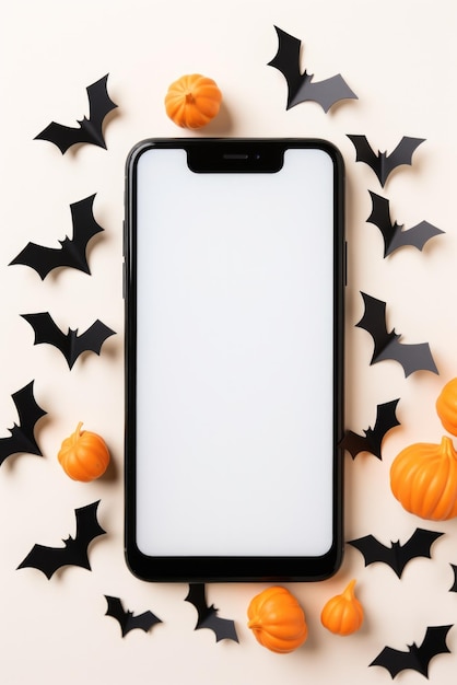 Duży telefon makiety pustego ekranu na tle dyni happy halloween