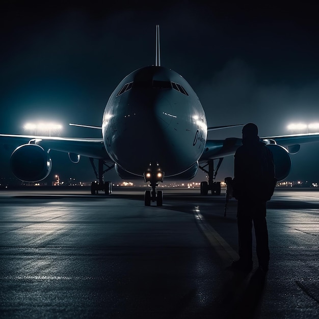 Duży transport lotniczy w nocy Samolot na nocnym lotnisku Generacyjna sztuczna inteligencja