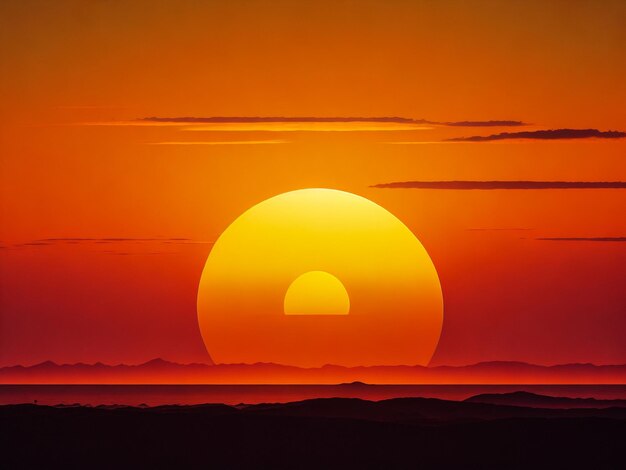 Zdjęcie duży wschód słońca w złotej godzinie nad jeziorem